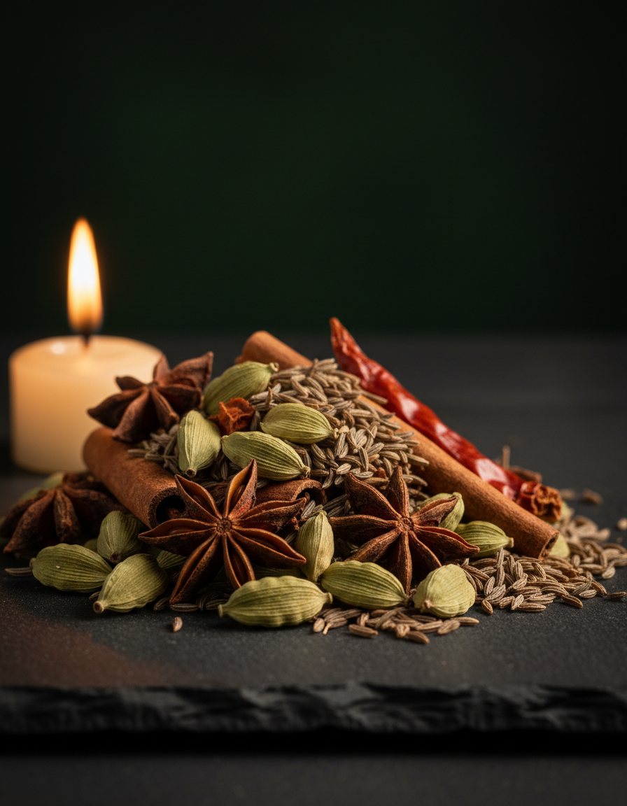Spezie intere: cardamomo, anice stellato, cannella
